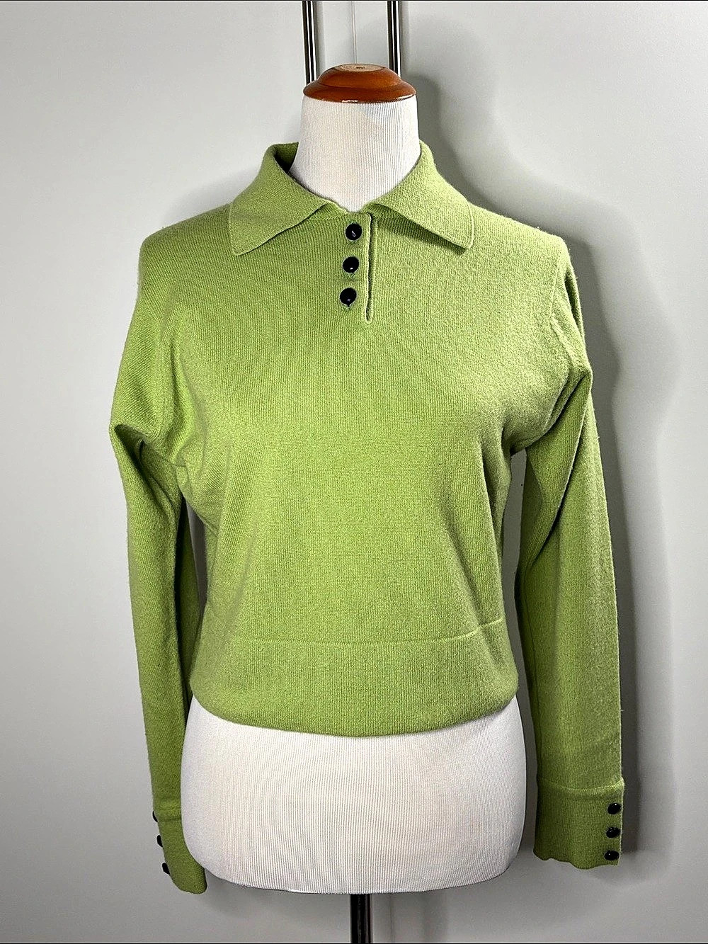 Belinda Robertson 100% Cashmere Green Collared Button-Front Sweater M